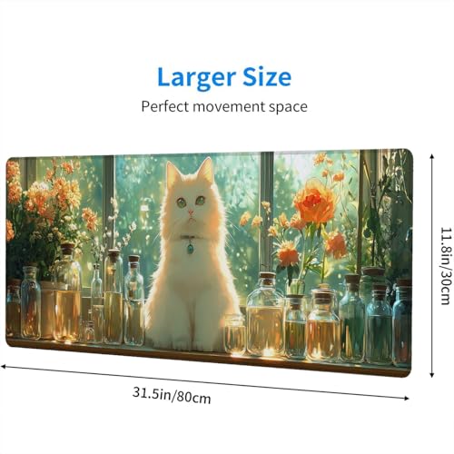 Cute Kawaii White Cat Desk Mat Green Plant Leaves Anime Extended Gaming Mouse Pad Mat with Stitched Edge Non-Slip Base Big Mouse Pad 31.5"x11.8" Office Computer Keyboard Laptop Home - color: Cute Kawaii White Cat_004, size: 11.8" x 31.5"