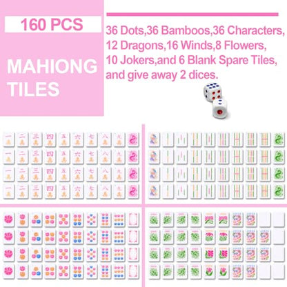 Ceenna Pink American Mahjong Set with Carrying Bag Complete Ma Jong Game | Set with 160 Tiles, Equipped 4 All-in-one Rack Pusher Noise Reducing Table Mat Plastic Mahjong Coins and Multi Storage Bags - color: Pink