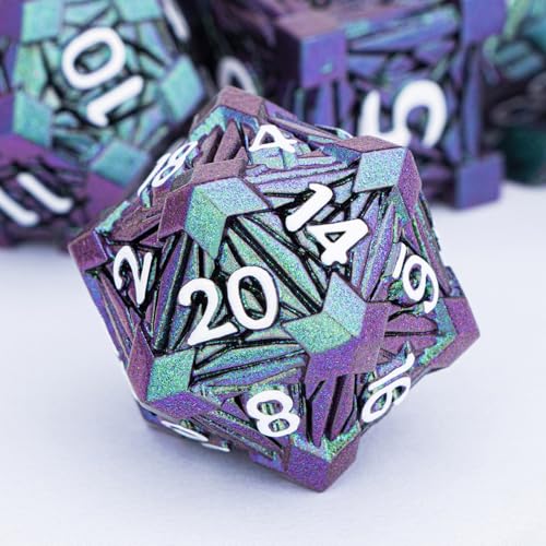 7PCS Metal DND Dice Set with Box, Debris RPG Green Purple D and D Dice for use with D&D Tabletop Games Role Playing Game Polyhedral Dice Set D20 D12 D10 D8 D6 D4 - color: Purple Green&white