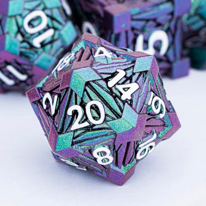 7PCS Metal DND Dice Set with Box, Debris RPG Green Purple D and D Dice for use with D&D Tabletop Games Role Playing Game Polyhedral Dice Set D20 D12 D10 D8 D6 D4 - color: Purple Green&white