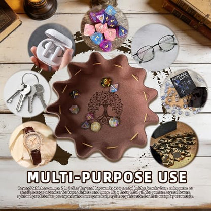 Leather Dice Tray with Life Tree Printed, 2-in-1 Collapsible Dice Rolling Tray & Drawstring Pouch, Portable Dice Bag for Tabletop Games, Rune Crystal Holder & Jewelry Storage - color: Pcd04y