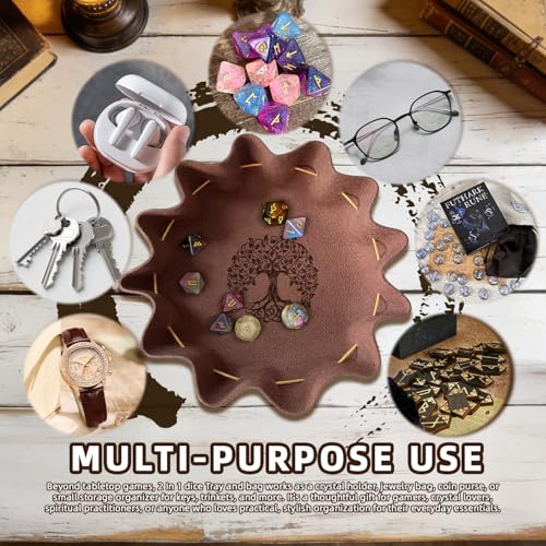 Leather Dice Tray with Life Tree Printed, 2-in-1 Collapsible Dice Rolling Tray & Drawstring Pouch, Portable Dice Bag for Tabletop Games, Rune Crystal Holder & Jewelry Storage - color: Pcd04y