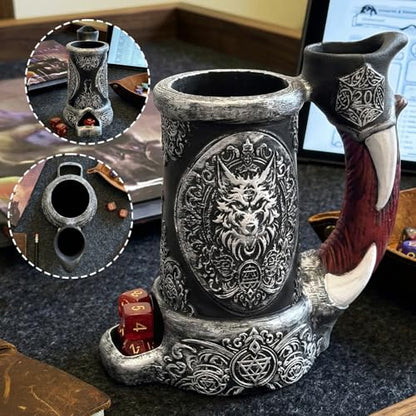 Dice Tower Mug, Dice Rolling Tower, Comes with 7 PCS Dice Set, Suitable for DND Dungeons and Dragons, Tabletop Games, Available As Drink Holder, D&D Gifts, DND Accessories (Silver-Black Wolf) - color: Silver-black Wolf