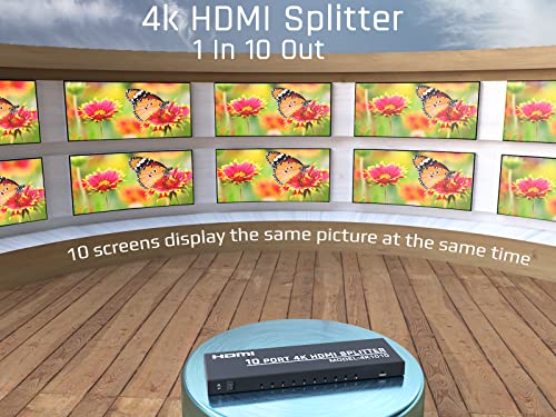 KAGO 4K 10 Port HDMI Splitter 1 in 10 Out Powered Distributor | 1x10 Mirror Display, 4K@30Hz & 3D, HDCP 1.4, Metal Housing, 12V Power Adapter