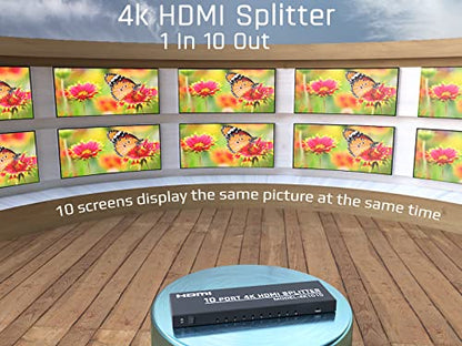 KAGO 4K 10 Port HDMI Splitter 1 in 10 Out Powered Distributor | 1x10 Mirror Display, 4K@30Hz & 3D, HDCP 1.4, Metal Housing, 12V Power Adapter