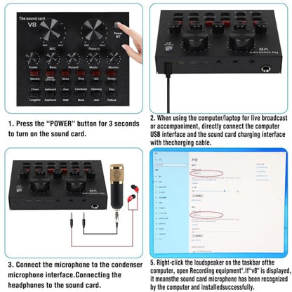 MorTime Condenser Microphone Bundle, Live Sound Card, Adjustable Boom Arm, Shock Mount, Metal Mic Pop Filter, Sponge Pop Filter Cover, Earphone, Audio Cables and Power Cable, Set of 11 Mic Kit