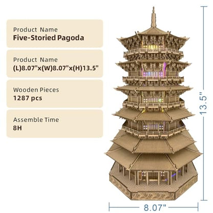 3D Wooden Puzzles for Adults Wooden Pagoda Assembly Model Kits,3D Puzzle Adult Building Crafts for Adults and 14+ Teens.(Five-Storied Pagoda 1287 Pieces)