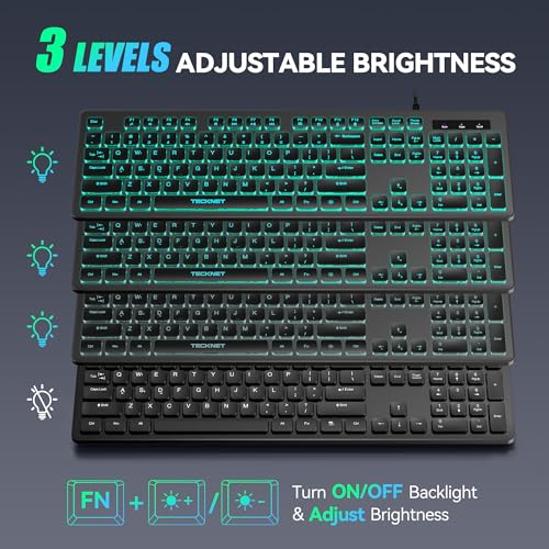 TECKNET Wired Keyboard,Silent USB Keyboard for Office,Spill-Resistant,Slim Full-Size Membrane Layout,Plug and Play for PC/Laptop/Mac-RGB Backlit