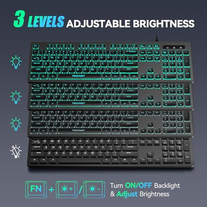 TECKNET Wired Keyboard,Silent USB Keyboard for Office,Spill-Resistant,Slim Full-Size Membrane Layout,Plug and Play for PC/Laptop/Mac-RGB Backlit