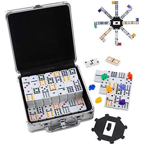 Homwom Double 12 Colored Dot Dominoes Mexican Train Game Set, 91 Tiles Dot Dominoes with 9 Trains, Scoreboard, Octagon Shape Hub and Aluminum Case - style: Dot