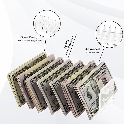2 Pack Acrylic Cash Trays Money Budget Tray 7 Section Divider Acrylic Money Organizer Clear Cash Organizer Cash Holder Money Storage Organizer