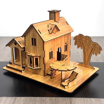 3D Puzzles for Adults, Log Cabin DIY Wooden House Model Kits for Adults to Build, Country Cottage Building Model, 3D Jigsaw Brain Teaser Puzzle, Dollhouse (Seaside Villa)