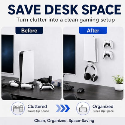 Heavy-Duty Steel Wall Mount Kit Compatible with PS5 Slim, Pro and Original | Secure EVA-padded support, complete install kit, easy setup, open airflow, holders for 2 controllers and headset - color: White