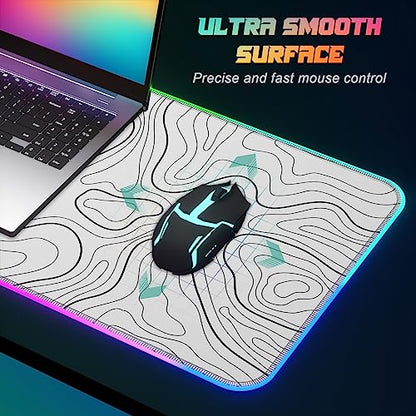 ITNRSIIET RGB Gaming Mouse Pad, Full Desk XL Extended Large Gaming Mousepad, 12 Lighting Modes 30% Thicker Big LED Desk Mat for Gamers, 32 x 12 inches, Topographic Contour White - color: Topographic Contour White