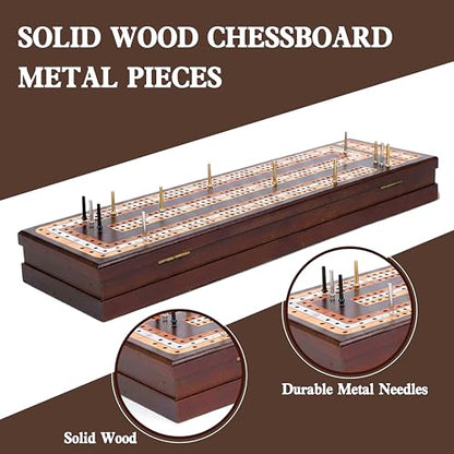 Rinten Solid Wood Cribbage Board Game Set for 2-4 Players with Cards | Classic card strategy game, integrated storage, durable metal pegs, playing cards included, wooden gift for adults - color: Brown