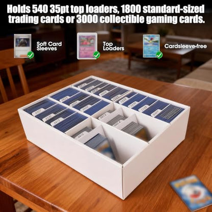 Trading Card Storage Box, 3-Row 3000-Count Card Organizer (4-Pack) | White Corrugated Cardboard Boxes With Dividers, 6-Grid Bulk Card Storage For Baseball/TCG/MTG/Sports/Top Loader Cards
