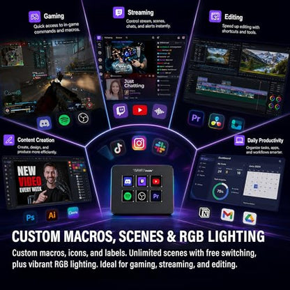 Mini Stream Controller Deck, Gaming Streaming Macro Pad Keypad, Shortcut Keyboard with 6 Programmable LCD Keys, Customizable Icons & RGB Light, USB Soundboard for Video Editing, OBS, PC, Mac - color: Black