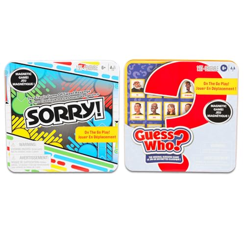 Magnetic Game Travel Set for Kids - Bundle with 2 Travel Games in Tin Featuring Sorry, Guess Who Plus Stickers, More | Hasbro Travel Games for Kids 8-12