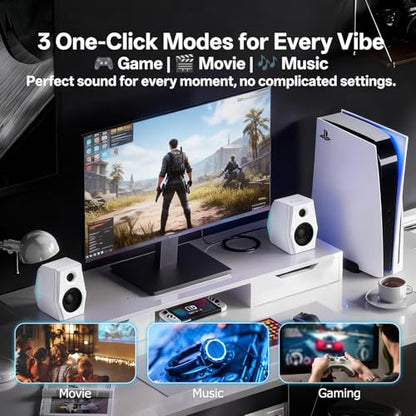 Sanyun SW209 36W 2.0 Gaming Speakers, Tactical Audio Map with 3 DSP Modes | Game/Movie/Music, 24bit DAC, USB-C/Bluetooth 5.2/AUX, 2.75" Glass Fiber Drivers & 18mm Silk Dome, RGB Lighting (Pair, White) - color: SW209 White