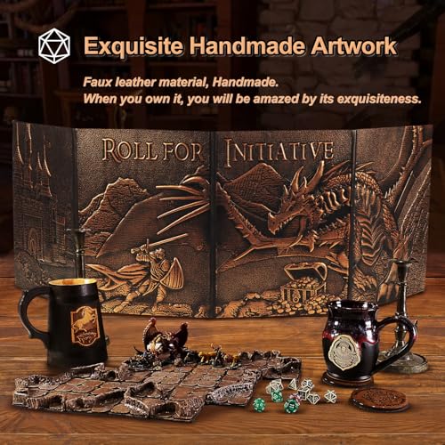 DND DM Screen 5e, D&D Dungeon Master Screen 3D Faux Leather 4 Panel Game Master Screen with Customizable Inserts - Dungeons and Dragons GM RPG Accessories Gift for Men or Women