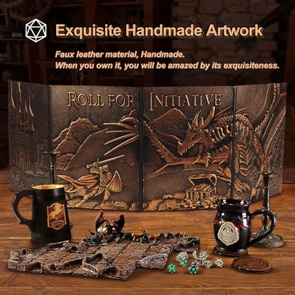 DND DM Screen 5e, D&D Dungeon Master Screen 3D Faux Leather 4 Panel Game Master Screen with Customizable Inserts - Dungeons and Dragons GM RPG Accessories Gift for Men or Women