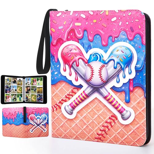 Pasimy 900 Pockets Ice Cream Drip Baseball Card Binder for Trading Cards 9 Pockets with 50 Removable Sleeves 3 Ring Baseball Card Holder Binder with Zipper for Sport Collection Book Storage Album - color: Pink Blue, size: 13.39 x 11.42 Inch, style: Ice Cr