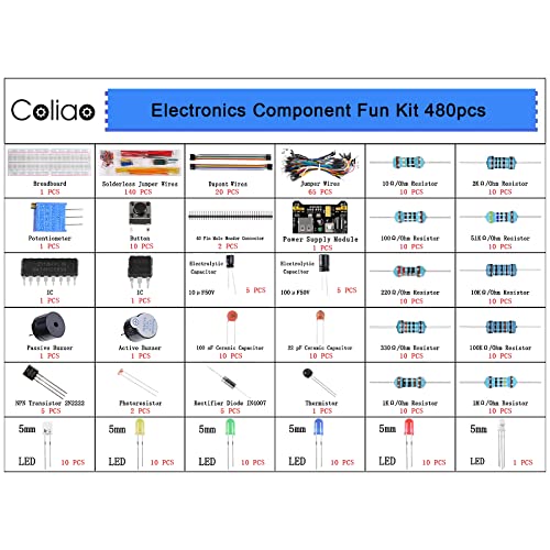480pcs 37 Values Electronics Component Fun Kit with Power Supply Module, Jumper Wire, 830 tie-Points Breadboard, Precision Potentiometer, Resistor