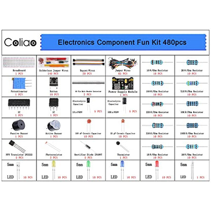 480pcs 37 Values Electronics Component Fun Kit with Power Supply Module, Jumper Wire, 830 tie-Points Breadboard, Precision Potentiometer, Resistor