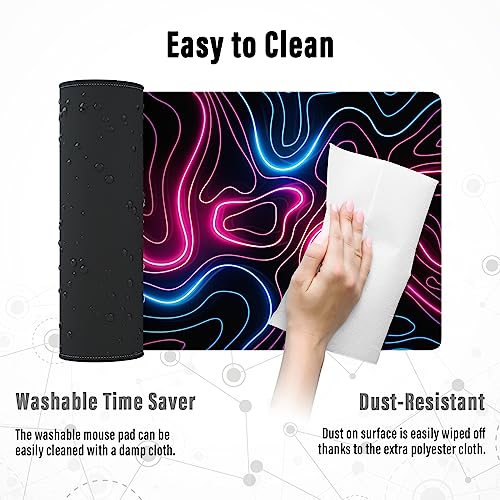 Ovenbird Gaming Mouse Pad with Stitched Edges, Topographic Map Pink Extended XL Mousepad with Anti-Slip Base, Cool Neon Large Mouse Pad for Desk, 31.5 x 11.8 in, Pink and Blue - color: Neon Topo, size: Extended