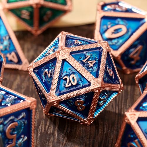 Metal Dice Set, Fly Dragon Pattern, 7pcs Polyhedral Metal DND Dice Set, DND Starter Set, D&D Gifts with Gift Box, Role Playing Board Games Accessories, Blue ﻿ - color: Blue