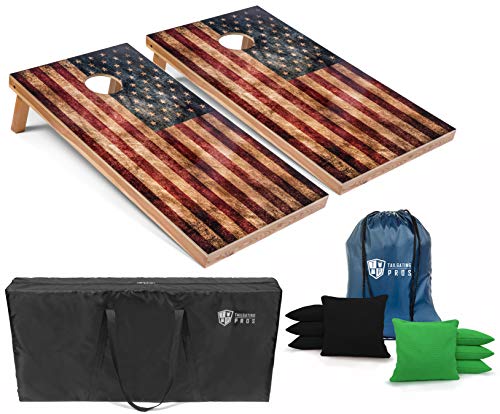 Tailgating Pros Rustic American Flag Cornhole Boards w/Bean Bags - 4'x2' Distressed Flag Cornhole Game w/Multicolored LED Ring, Carrying Case & Corn Hole Bags - color: Black / Kelly Green