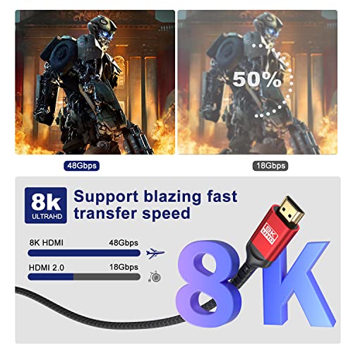 8K HDMI 2.1 Cable 20ft, 48Gbps Ultra High Speed Braided Cord, Supports 4K@120Hz 8K@60Hz, eARC HDR10+ HDCP 2.3, Compatible with PS5, Xbox Series X, RTX 4090, Gaming PC & Monitor - size: 20 Feet