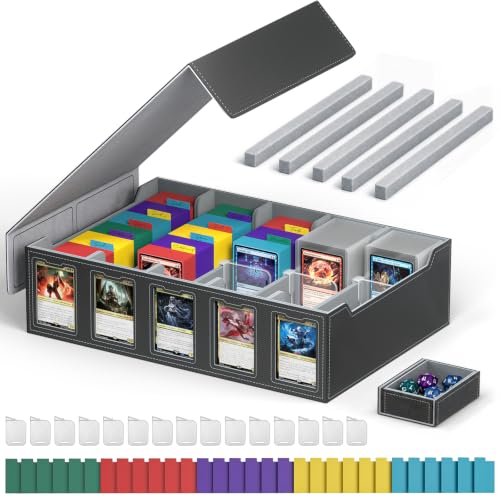 Foluck Trading Card Storage Box with Commander Display Holds 4200+ Cards | Dual-Function Magnetic Lid, Adjustable Storage, with 15 Stoppers, 30 Dividers 5 EVA Spacers, 1 Dice Box, Fits for TCG, CCG - color: Black, size: 5-Row