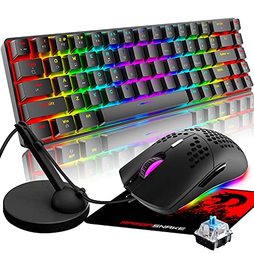 60% Mini 68 Key RGB Backlit Wired USB C Gaming Mechanical Blue Switch Keyboard + Rainbow Backlight 6400 DPI Mouse + Mouse Bungee Cable Cord Management Fixer Holder + Mouse Pad For ESports,Game,office