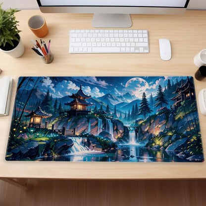Pagoda Landscape Desk Pad, Large Extended Keyboard Mousepad 31.5x15.7 | Aesthetic mystical forest desk mat featuring comfortable 3mm padding, premium glides, and reliable grip base. - color: Full Moon