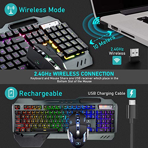 Wireless Membrane RGB Gaming Keyboard and Mouse with Rainbow Backlit-Black | Rechargeable 4800mAh Battery,Metal Panel,Ergonomic,Waterproof,Dustproof,7 Color Mute 2400 DPI Mice for Computer PC Mac Gamer - color: Black RGB