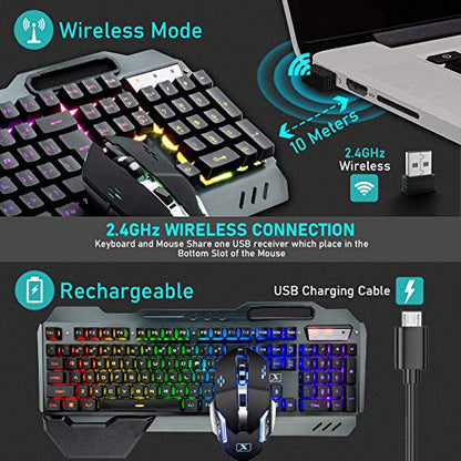 Wireless Membrane RGB Gaming Keyboard and Mouse with Rainbow Backlit-Black | Rechargeable 4800mAh Battery,Metal Panel,Ergonomic,Waterproof,Dustproof,7 Color Mute 2400 DPI Mice for Computer PC Mac Gamer - color: Black RGB