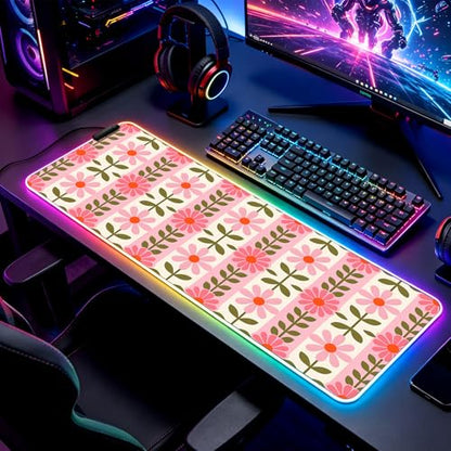 RGB Pretty Pink Flowers Gaming Desk Mat, Computer Keyboard Large Extended Long Floral LED Mouse Pad for Office and Home, XL (W11) - color: Rgb-w11