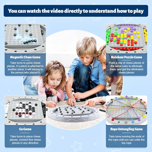 4 in 1 Board Games Set, Classic Strategy Travel Game for Kids, Family Night | Four Ways to Play: Magnetic Chess, Rope Untangling Puzzle Game, Go Game, Rainbow Bead Elimination for Ages 8+, 2-4 Players