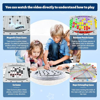 4 in 1 Board Games Set, Classic Strategy Travel Game for Kids, Family Night | Four Ways to Play: Magnetic Chess, Rope Untangling Puzzle Game, Go Game, Rainbow Bead Elimination for Ages 8+, 2-4 Players