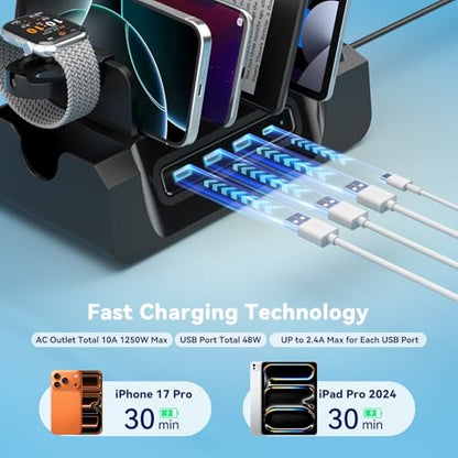 KDD Charging Station with 6 Charging Cables - Fast Charging 6 in 1 Cellphone Charging Dock with Headphone Stand and Watch Holder - 2 AC&USB A&USB C, Storage Station for Smartphone,Tablets, AppleWatch