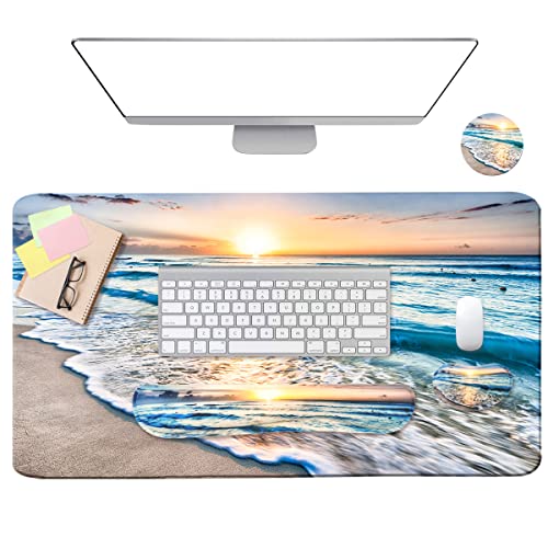 4-in-1 Large Gaming Mouse Pad, Keyboard Wrist Rest Pad & Wrist Support Mousepad Set, Extended Desk Pad Waterproof Desk Mat for Home Office Study Game-Beach - color: Beach