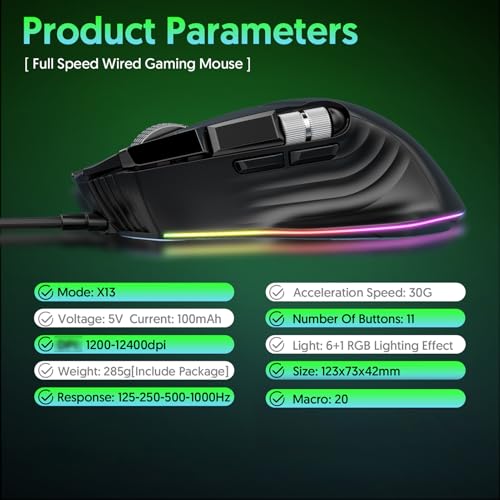 LICAEVEY Wired Gaming Mouse with RGB Lighting, Ergonomic Design, 11 Programmable Buttons & Dual Scroll Wheels for High Precision Gaming