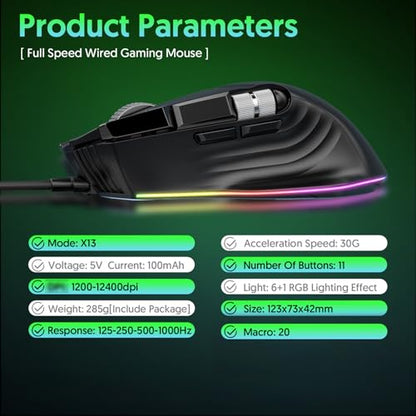 LICAEVEY Wired Gaming Mouse with RGB Lighting, Ergonomic Design, 11 Programmable Buttons & Dual Scroll Wheels for High Precision Gaming