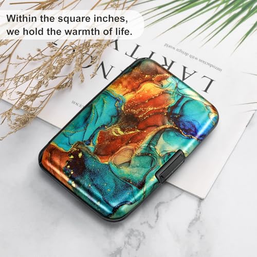 ELFISH Mini RFID Aluminum Wallet Credit Cards Holder Business Card Case Metal ID Case for Men Women（Blue Brown Marble - color: Blue Brown Marble