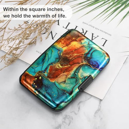ELFISH Mini RFID Aluminum Wallet Credit Cards Holder Business Card Case Metal ID Case for Men Women（Blue Brown Marble - color: Blue Brown Marble