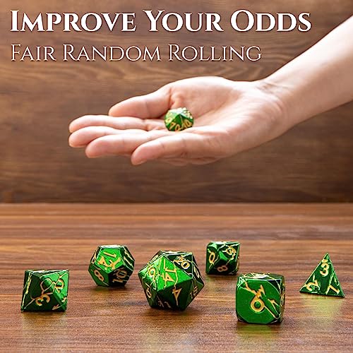 Metal Dice for DND - Ancient Cracked Lightning - Green Gold Cracks | Beautiful 7pc Polyhedral Dice Set, Smooth Rolling, Role Playing Games (RPG), Compatible with D&D, for Dungeons and Dragons - color: Green Gold Lightning