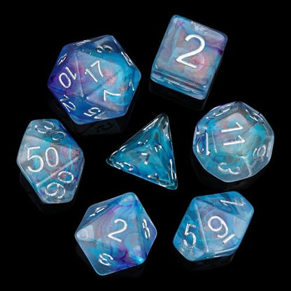 UDIXI D&D Polyhedral Dice Set Glitter and Cyan Swirls for Role Playing Game | Purple Cyan Colors, Dreamy Effect, Velvet Dice Bag Packaging, for Dungeons and Dragons Role Playing Games and Tabletop Games - color: Purple With Cyan