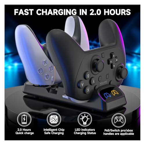 Dual Controller Charger for Switch 2 Pro, Switch Pro, PS5 & Xbox Series X/S | Charges two USB-C controllers for Switch 2 Pro, Switch Pro, PS5 or Xbox Series X/S; third-party controller fit mayvary