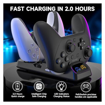 Dual Controller Charger for Switch 2 Pro, Switch Pro, PS5 & Xbox Series X/S | Charges two USB-C controllers for Switch 2 Pro, Switch Pro, PS5 or Xbox Series X/S; third-party controller fit mayvary